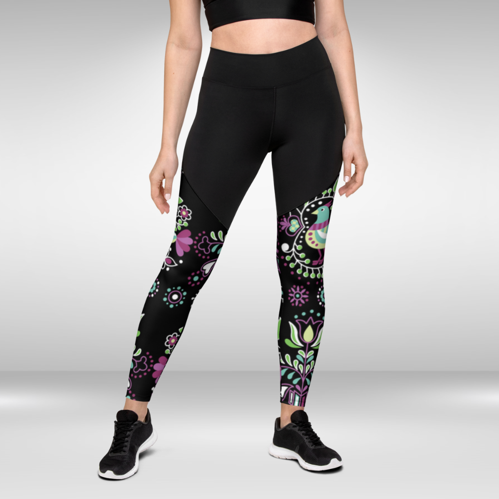 Women Compression Legging - Black Spring Bird Print