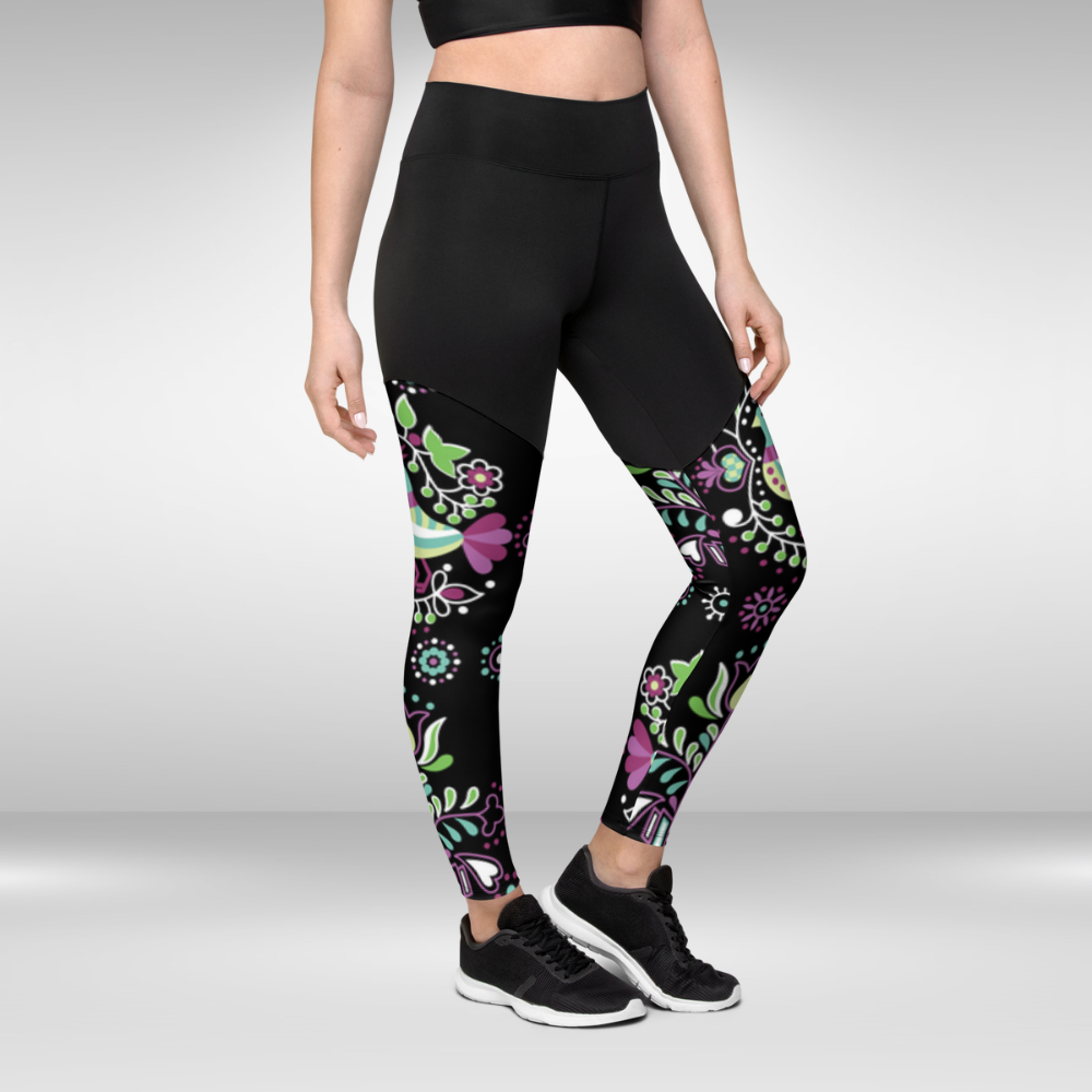 Women Compression Legging - Black Spring Bird Print