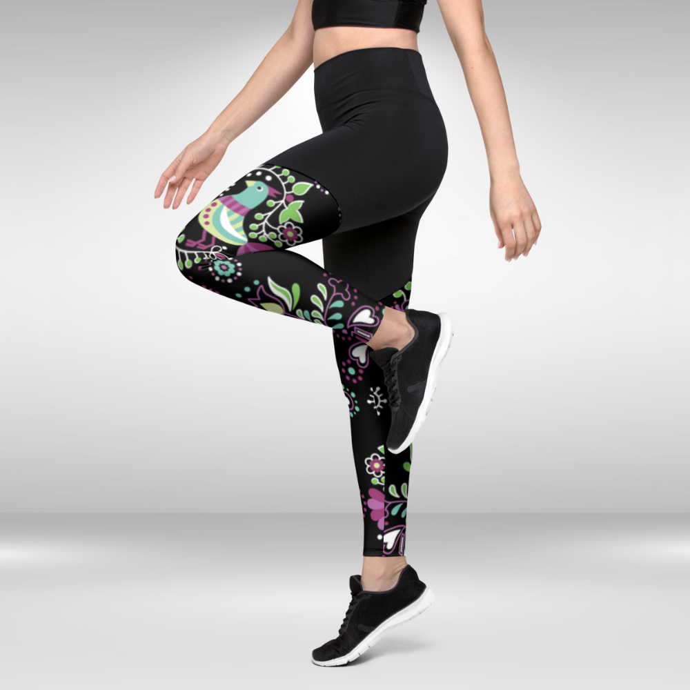 Women Compression Legging - Black Spring Bird Print