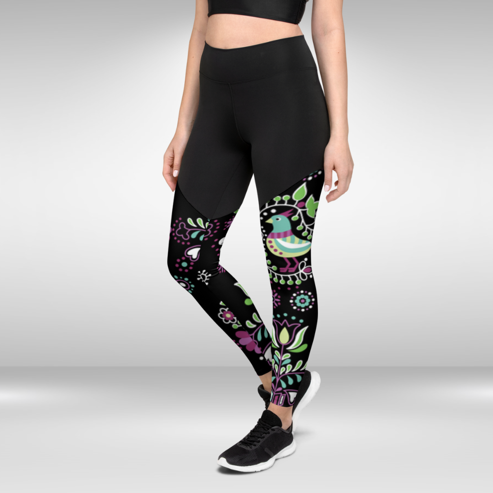 Women Compression Legging - Black Spring Bird Print