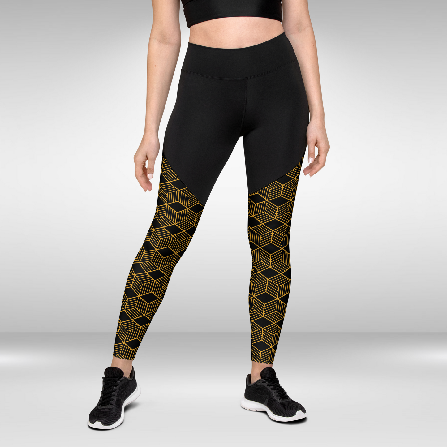 Women Compression Leggings - Black and Gold Geometric Print