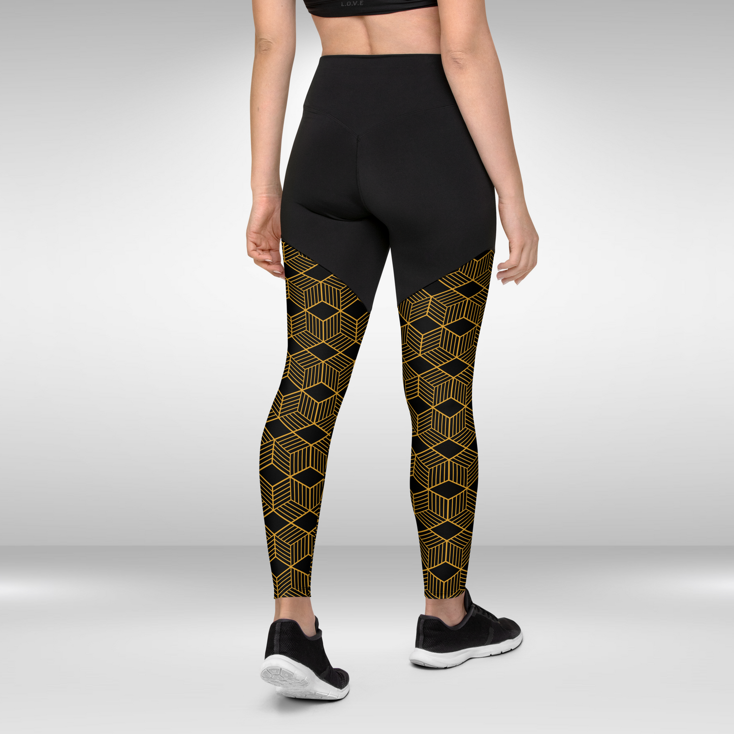 Women Compression Leggings - Black and Gold Geometric Print