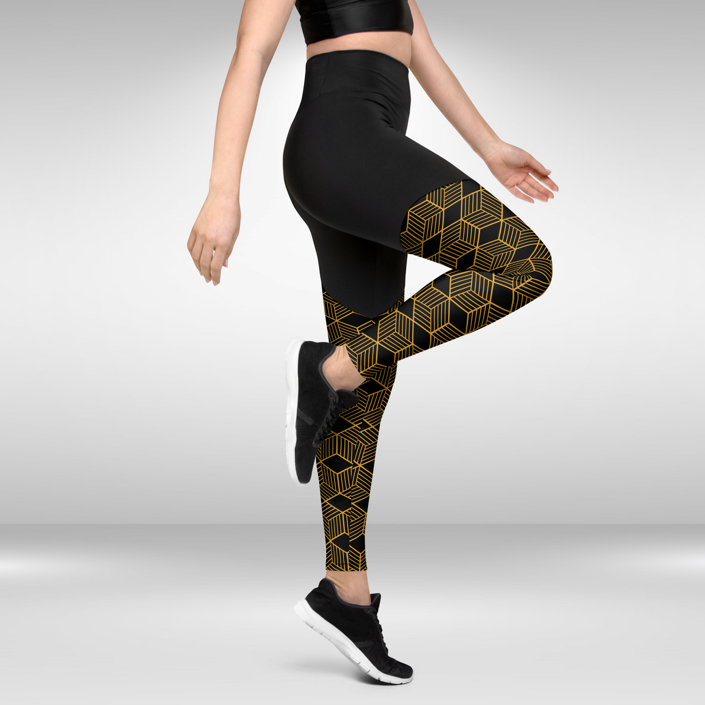 Women Compression Leggings - Black and Gold Geometric Print