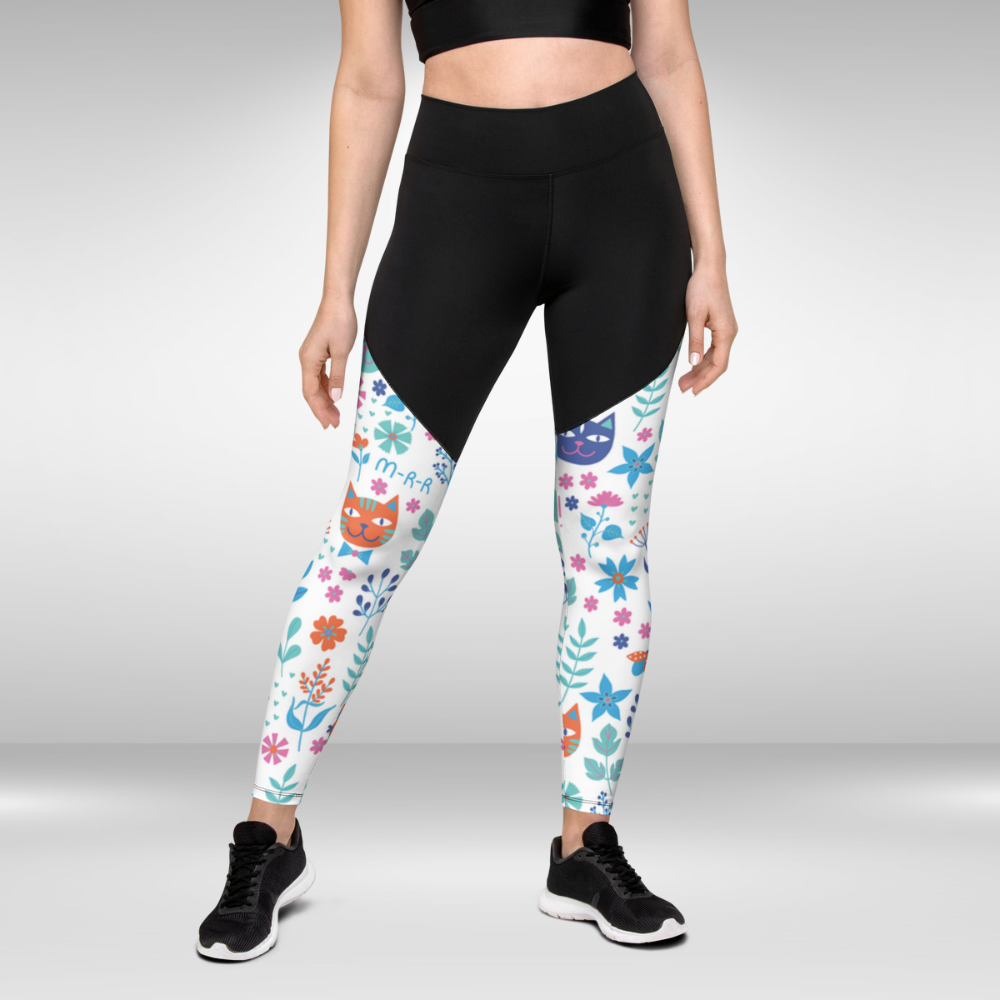 Women Compression Legging - White Cute Cat Floral Print