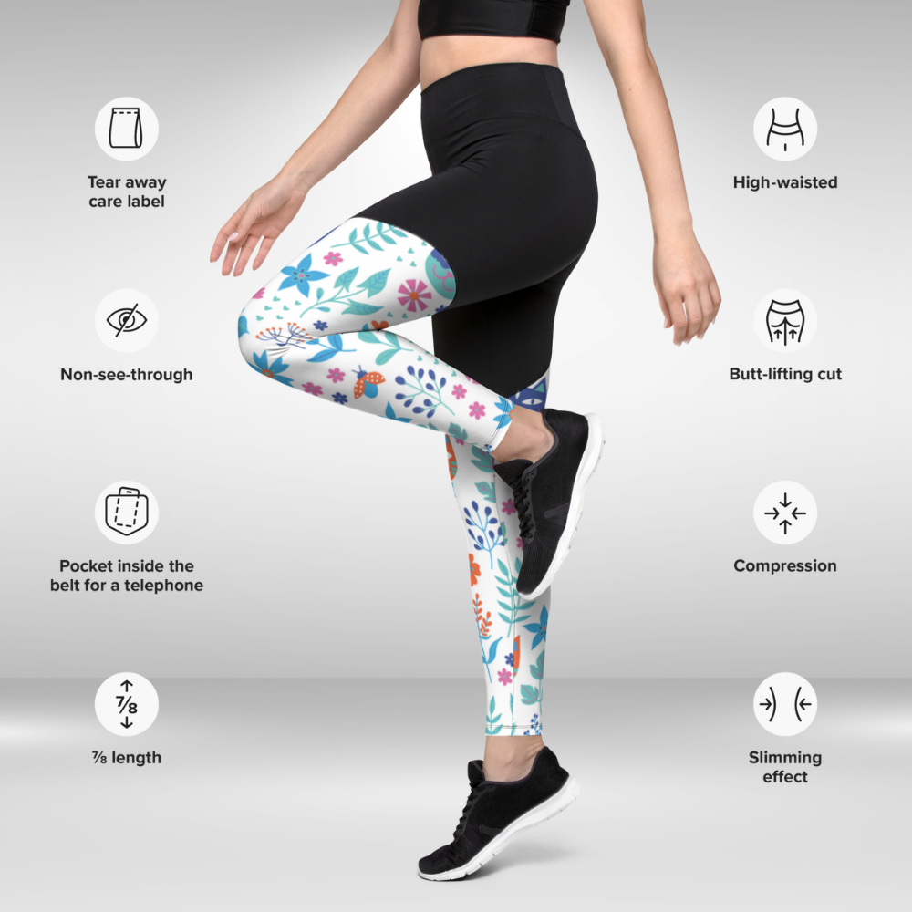 Women Compression Legging - White Cute Cat Floral Print