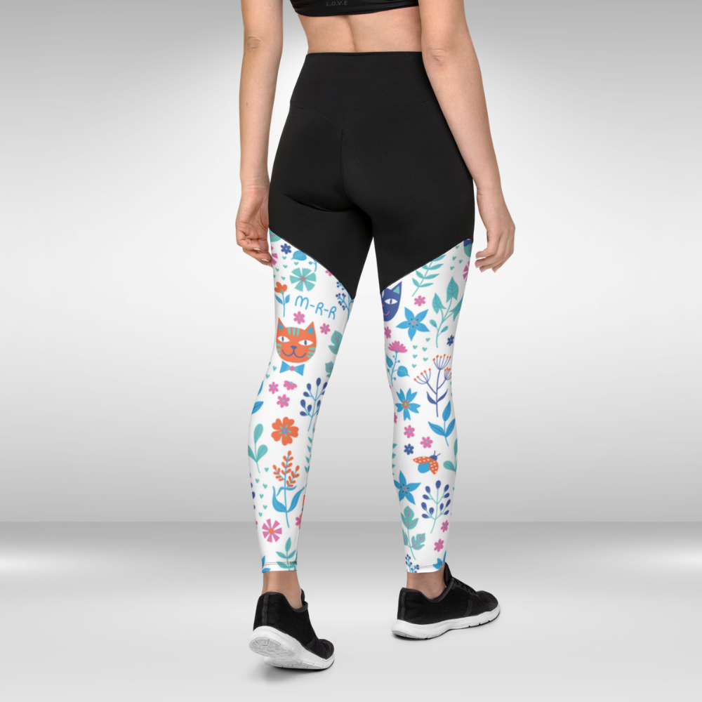 Women Compression Legging - White Cute Cat Floral Print