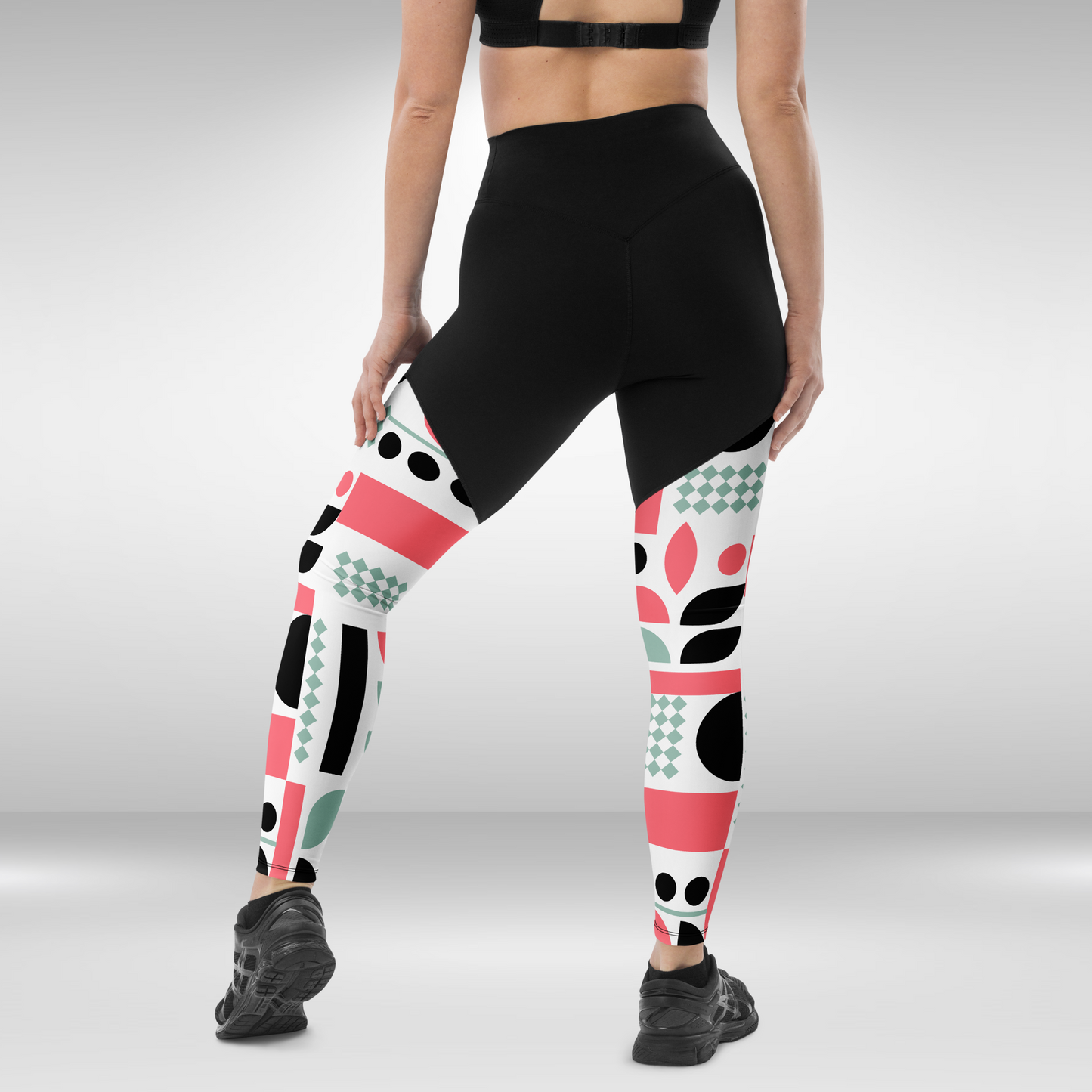 Women Compression Leggings - White and Pink Abstract Print