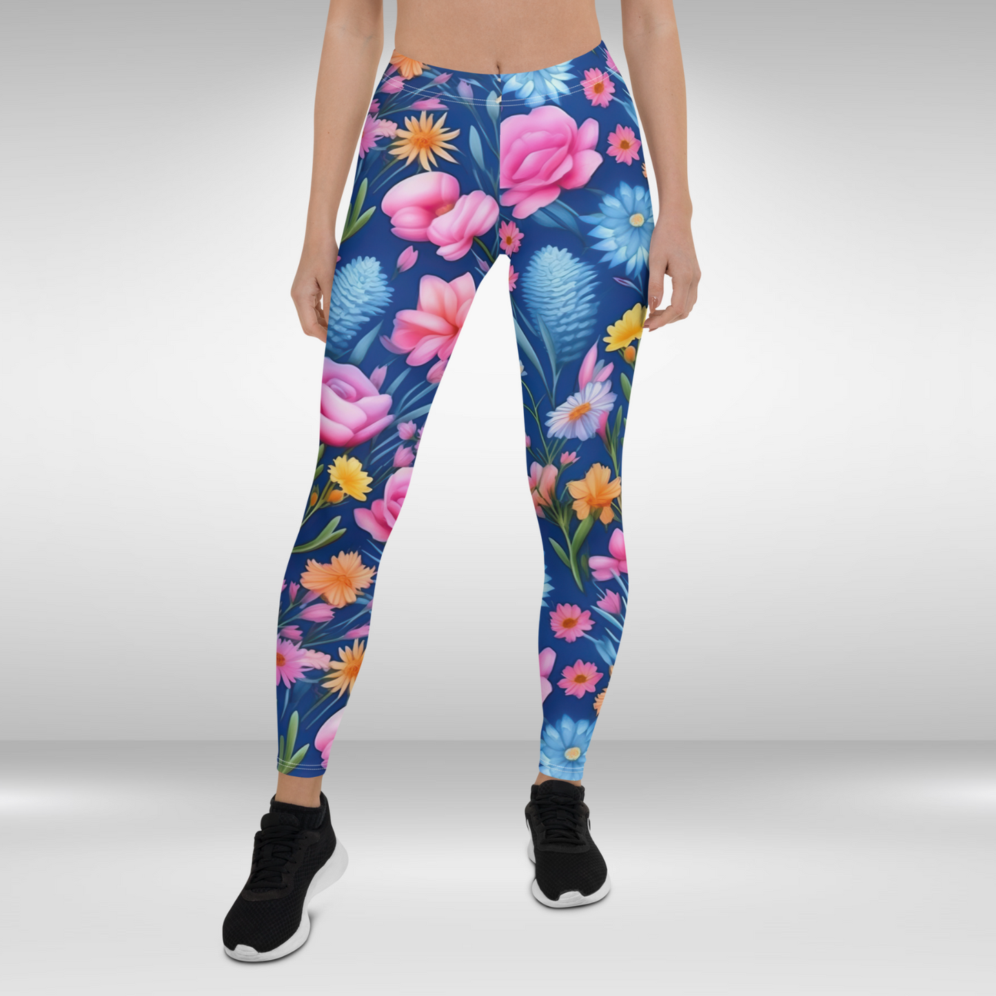 Women Gym Legging - Blue Watercolour Flower Print