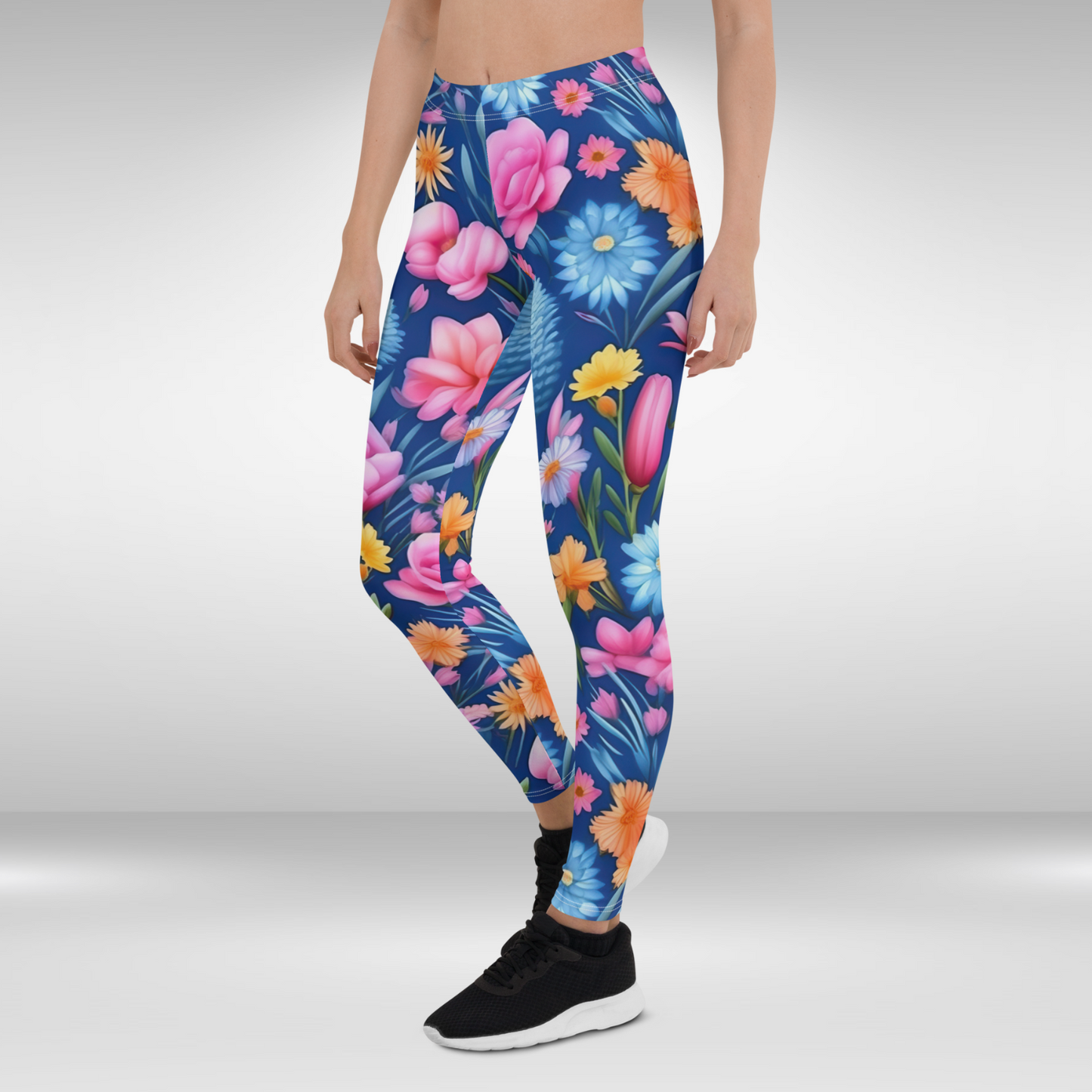 Women Gym Legging - Blue Watercolour Flower Print