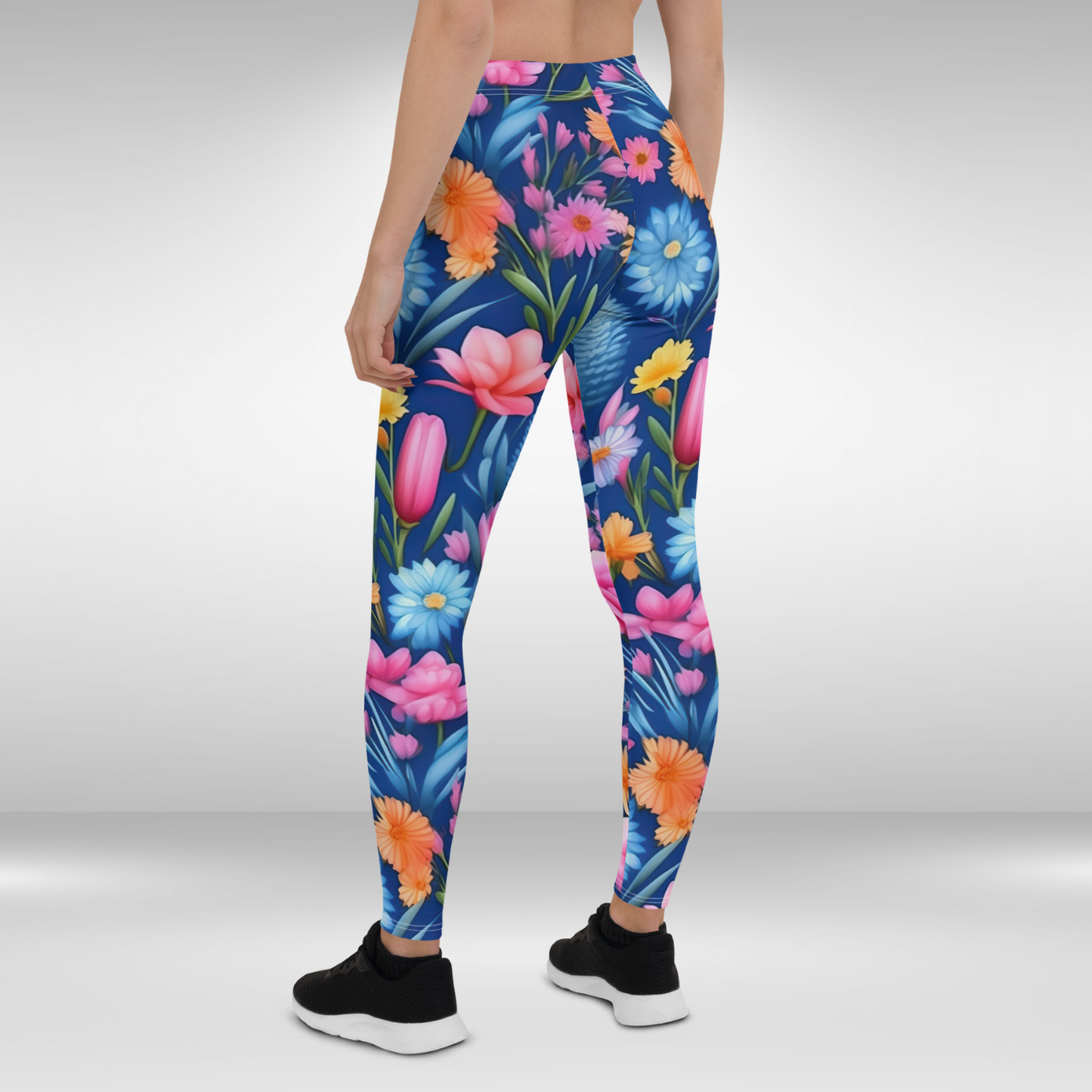 Women Gym Legging - Blue Watercolour Flower Print