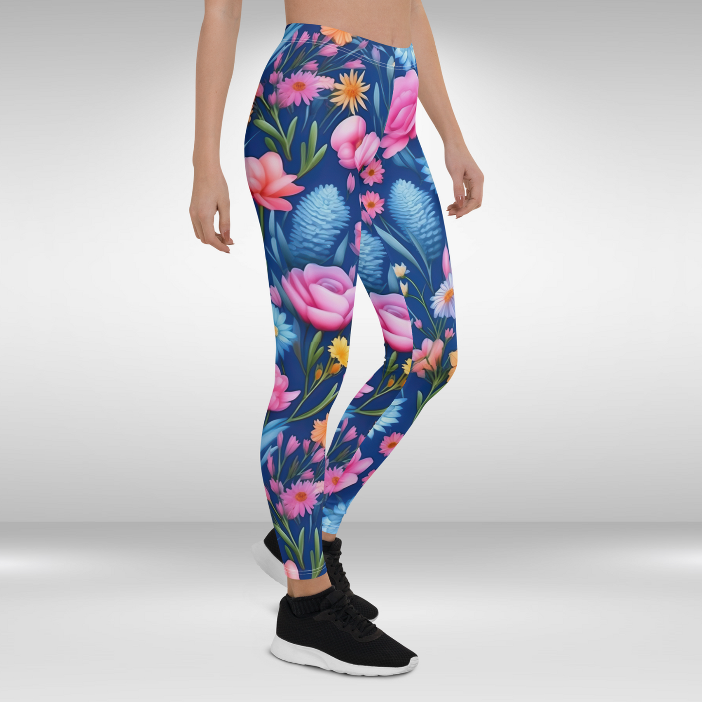 Women Gym Legging - Blue Watercolour Flower Print