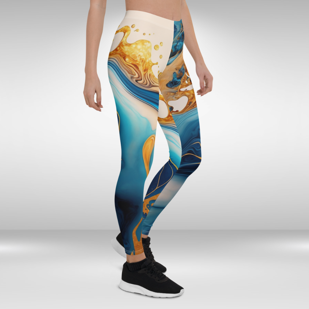 Women Gym Leggings - Blue and Gold Abstract Print