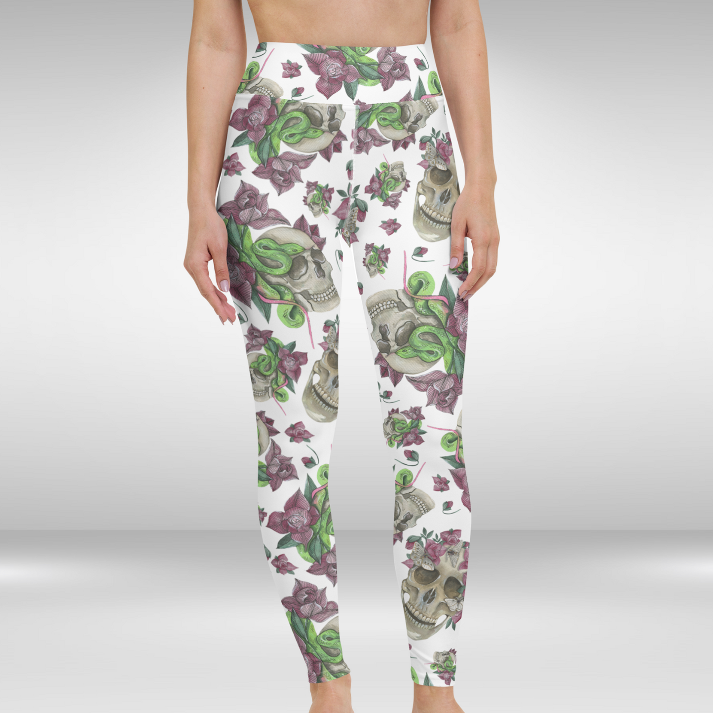 Women Yoga Legging - White Floral Skull Print