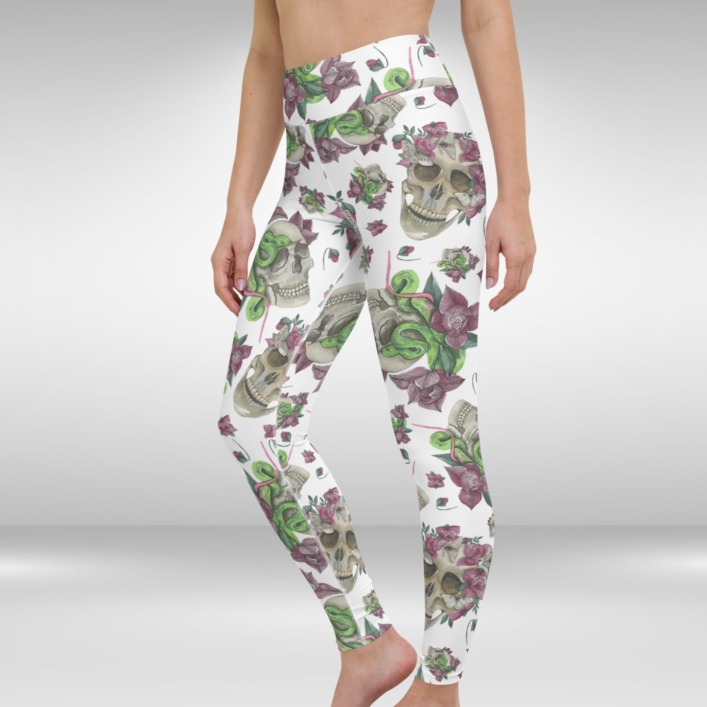 Women Yoga Legging - White Floral Skull Print