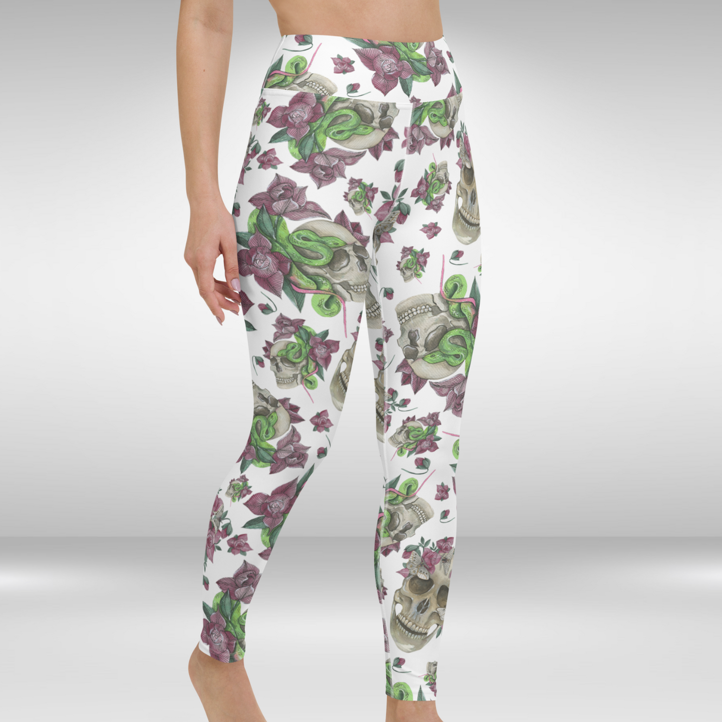 Women Yoga Legging - White Floral Skull Print