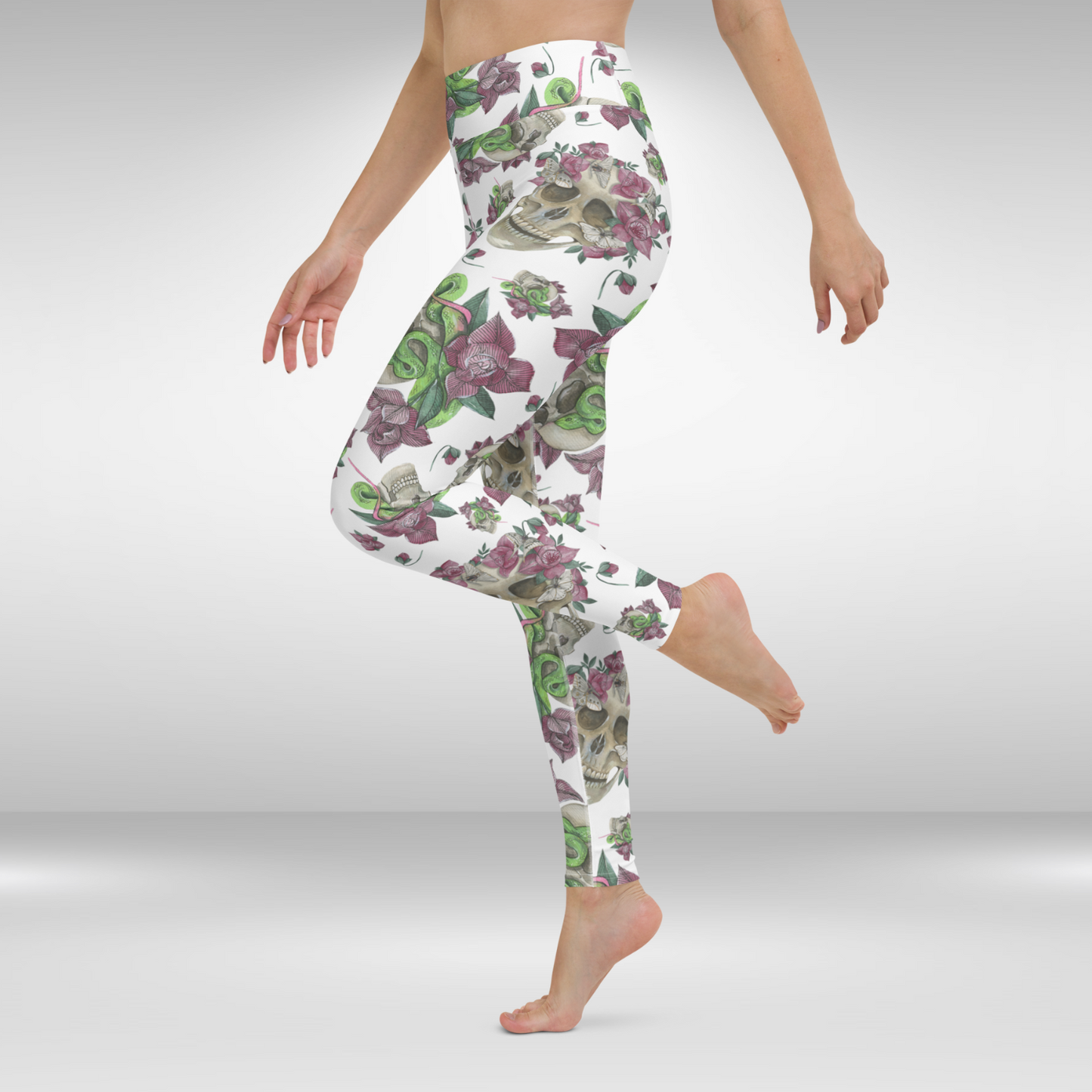 Women Yoga Legging - White Floral Skull Print