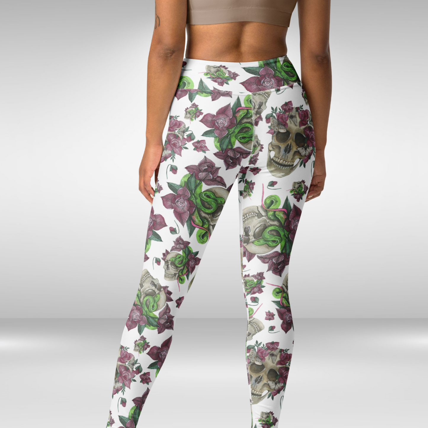 Women Yoga Legging - White Floral Skull Print