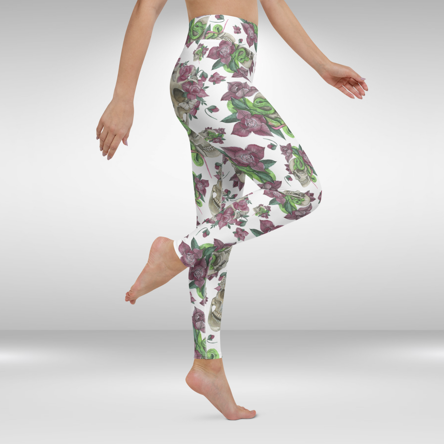 Women Yoga Legging - White Floral Skull Print