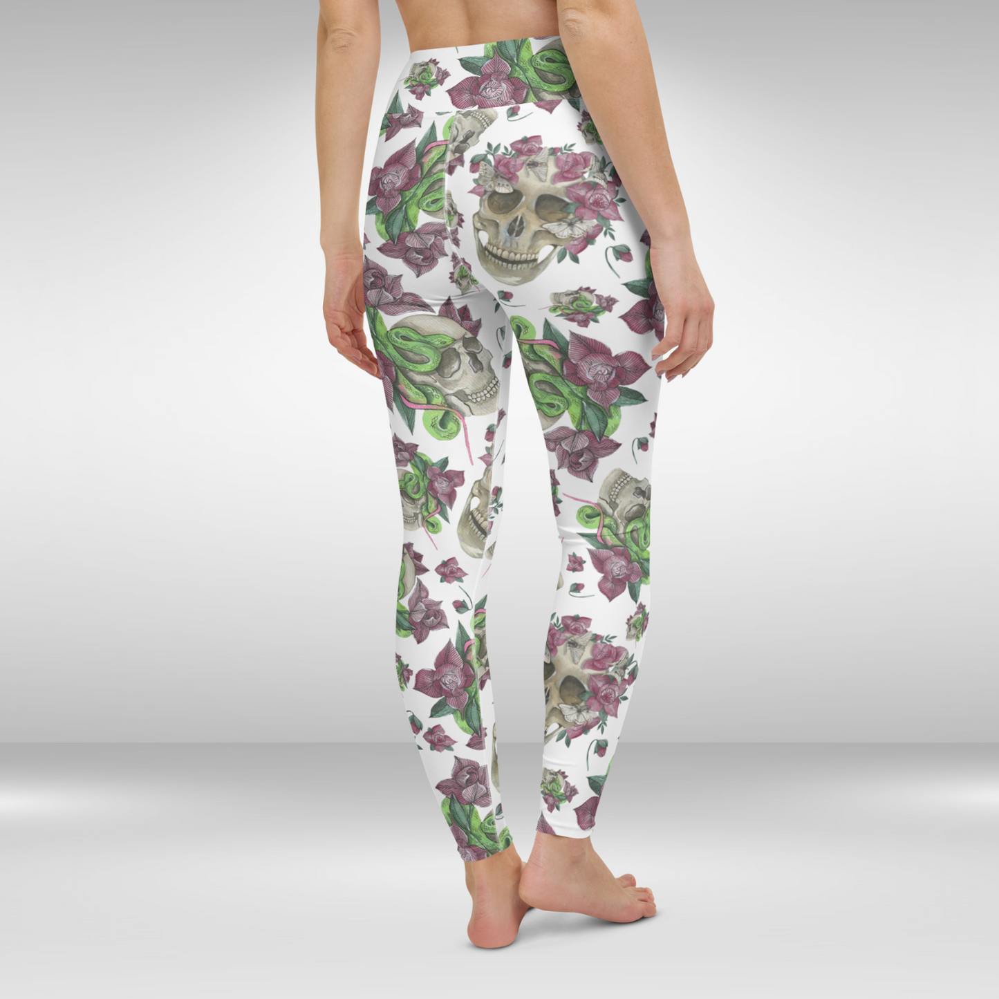 Women Yoga Legging - White Floral Skull Print