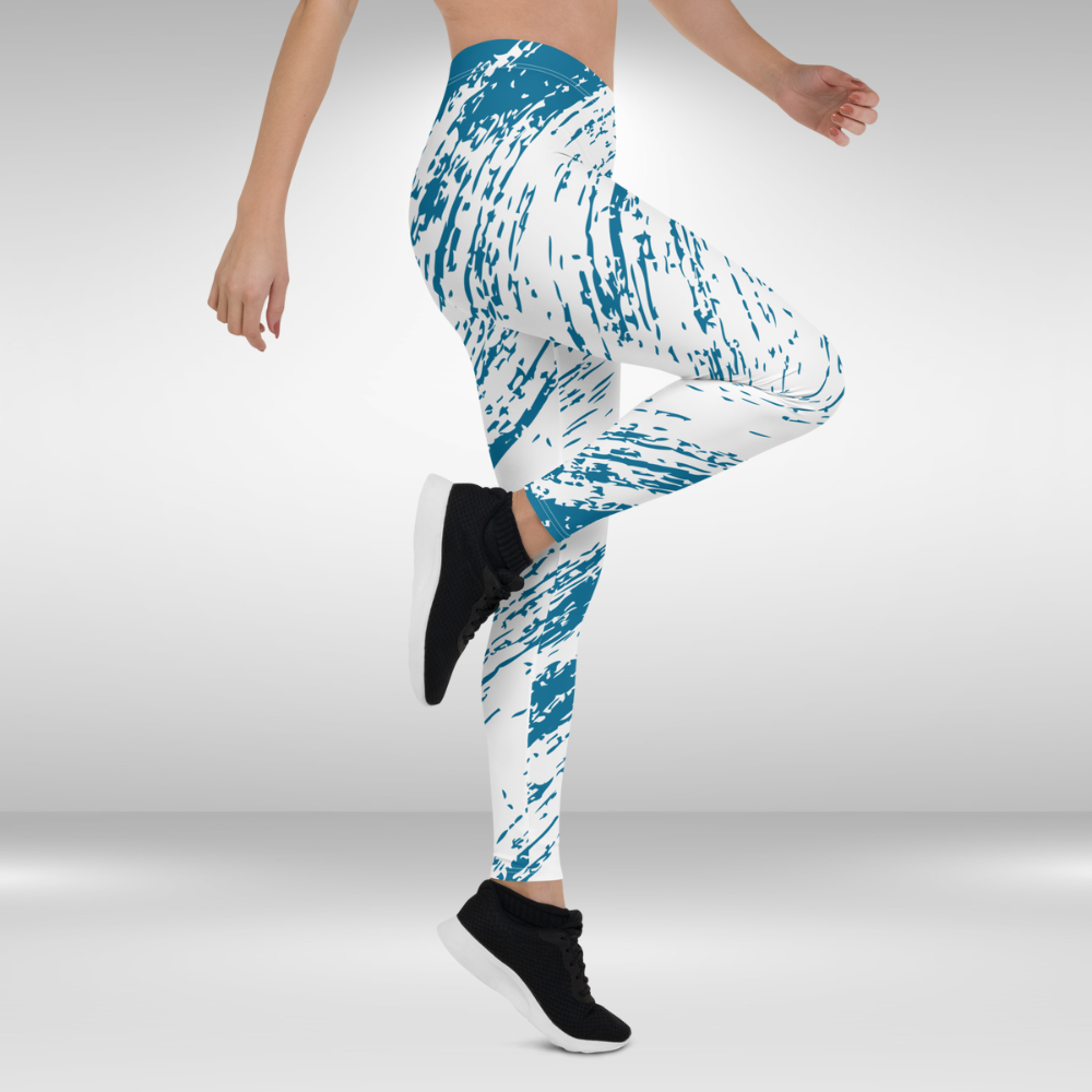 Women Gym Legging - Blue and White Abstract Print