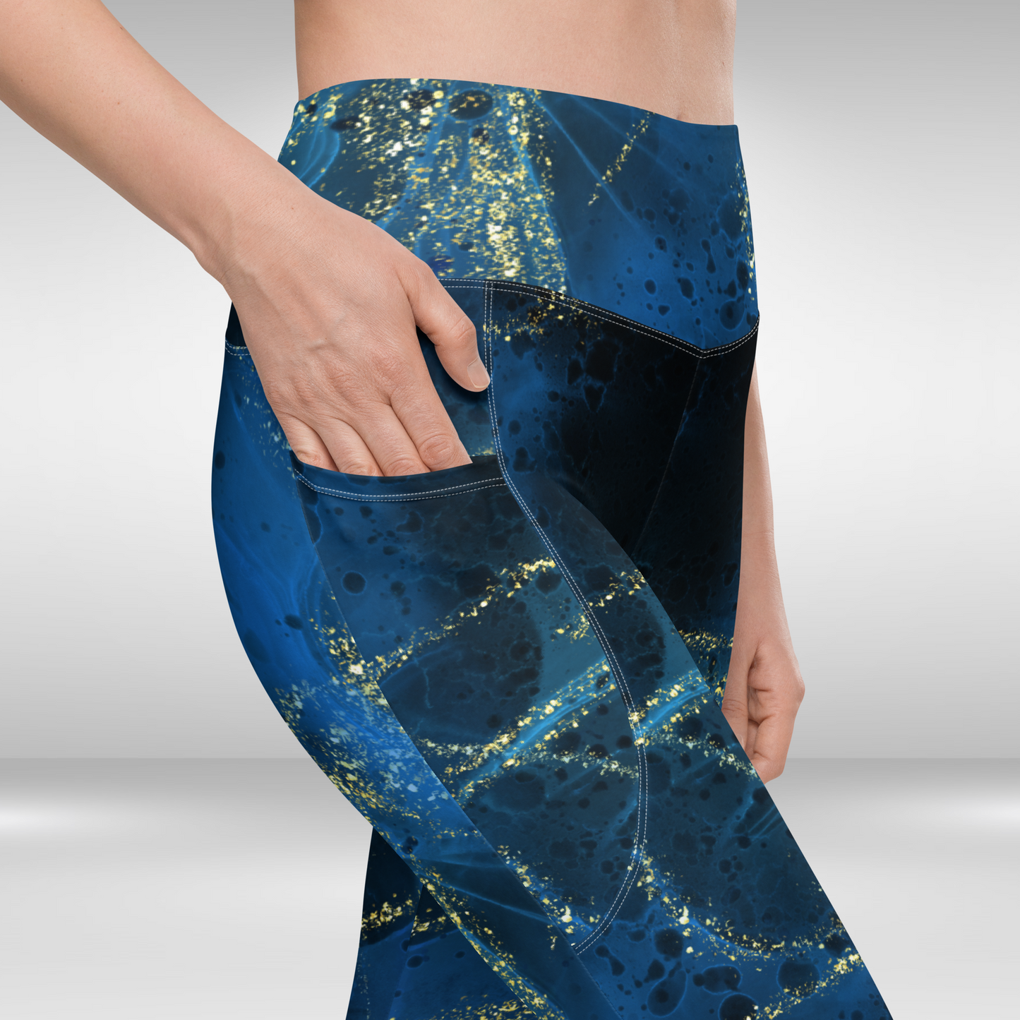 Women Legging With Pockets - Blue and Gold Galactic Print