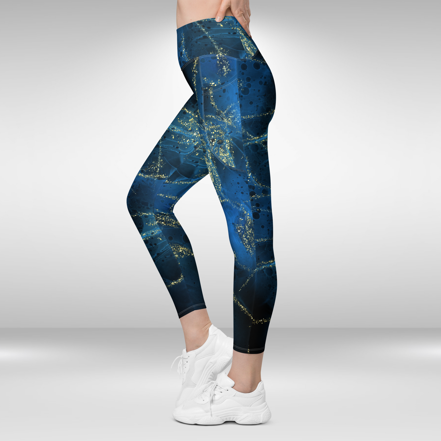 Women Legging With Pockets - Blue and Gold Galactic Print