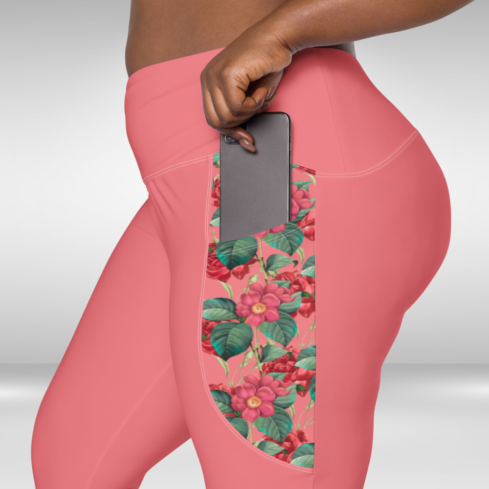 Women Legging With Pockets - Froly Red Flower Print