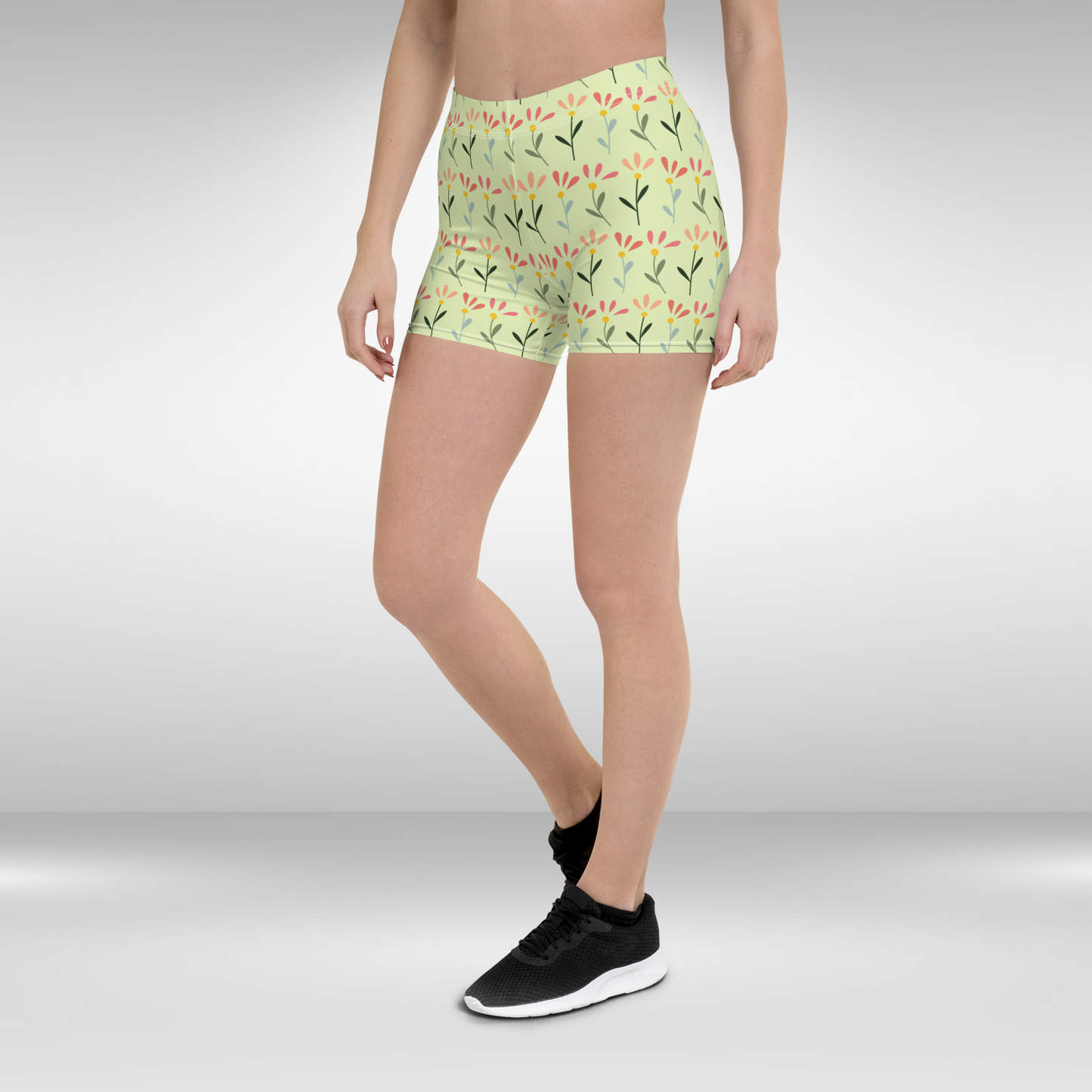 Women Mid Waist Shorts - Yellow Floral Print