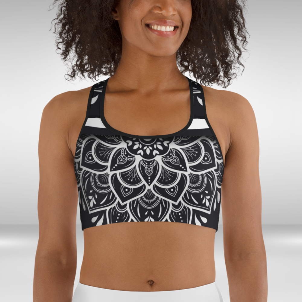 Women Sports bra - Black and White Mandala Print
