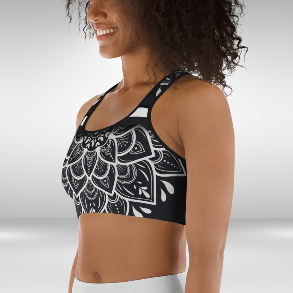 Women Sports bra - Black and White Mandala Print