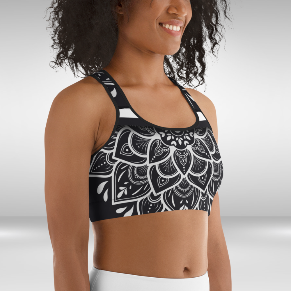 Women Sports bra - Black and White Mandala Print