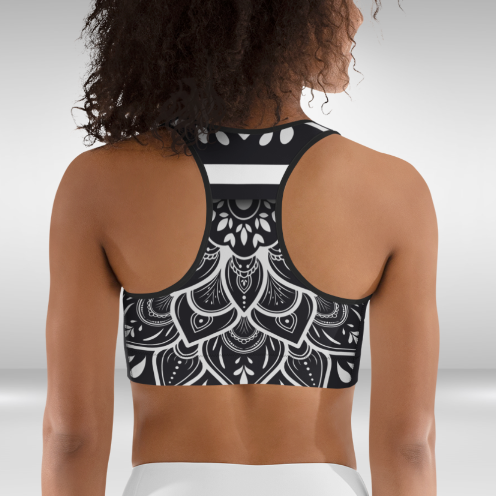 Women Sports bra - Black and White Mandala Print