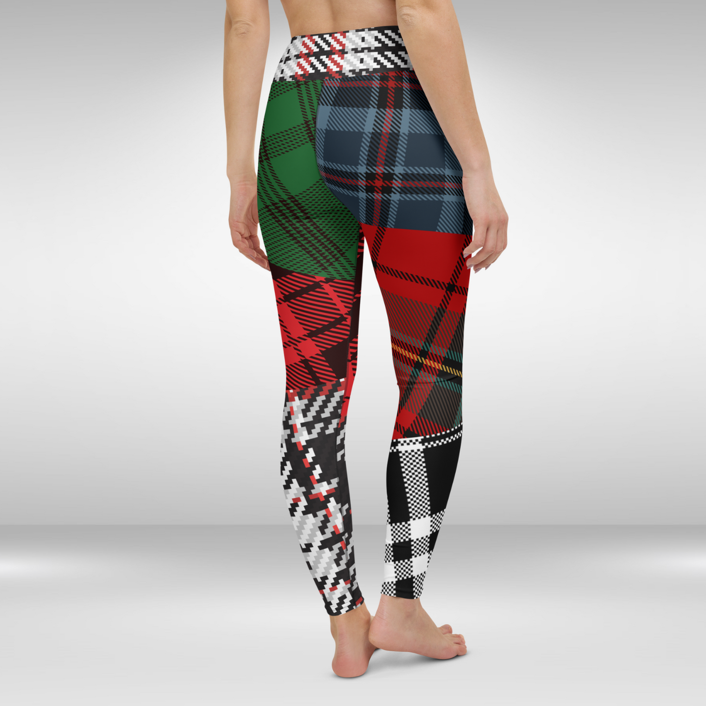 Women Yoga Legging - Green, Blue and Red Checkmate Frenzy Print