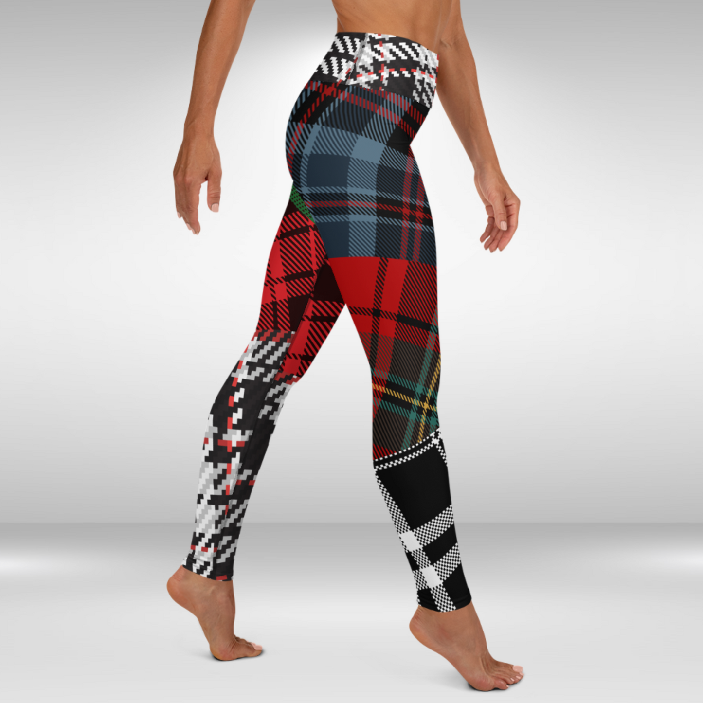 Women Yoga Legging - Green, Blue and Red Checkmate Frenzy Print