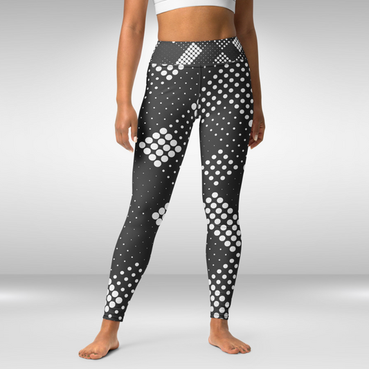 Women Yoga Leggings - Grey and White Abstract Polka Print