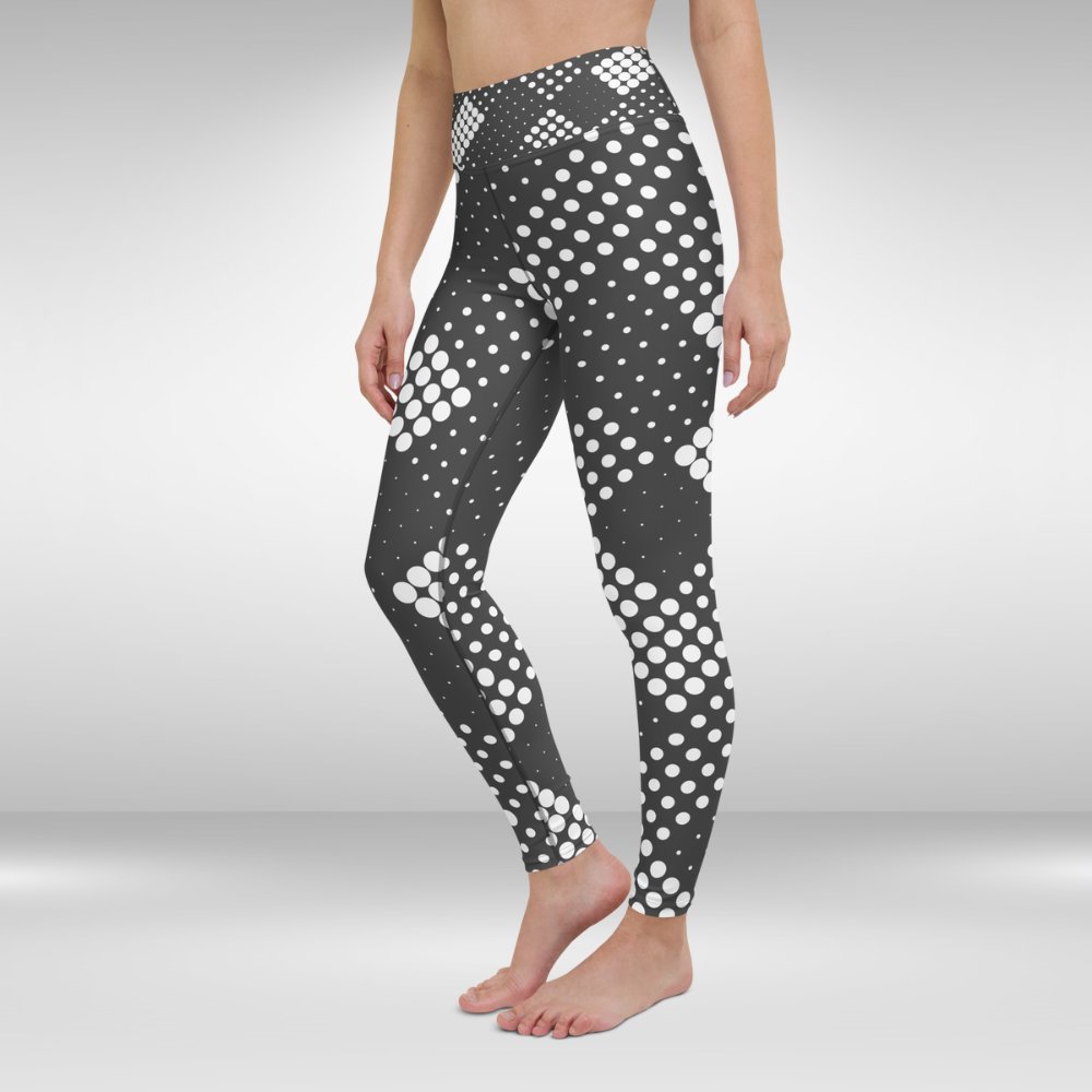 Women Yoga Leggings - Grey and White Abstract Polka Print