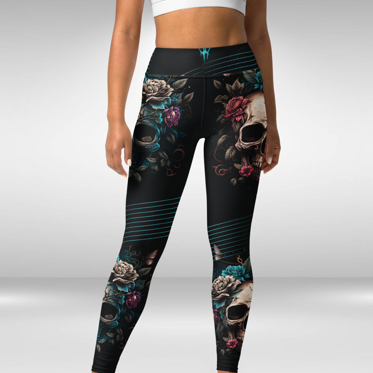 Women Yoga Legging - Night Floral Skull Print