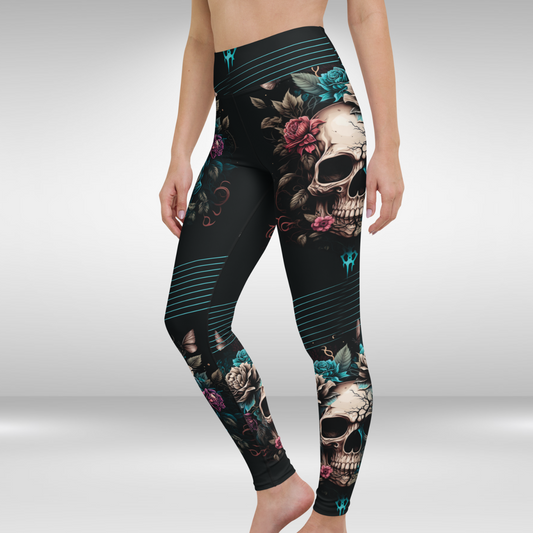 Women Yoga Legging - Night Floral Skull Print