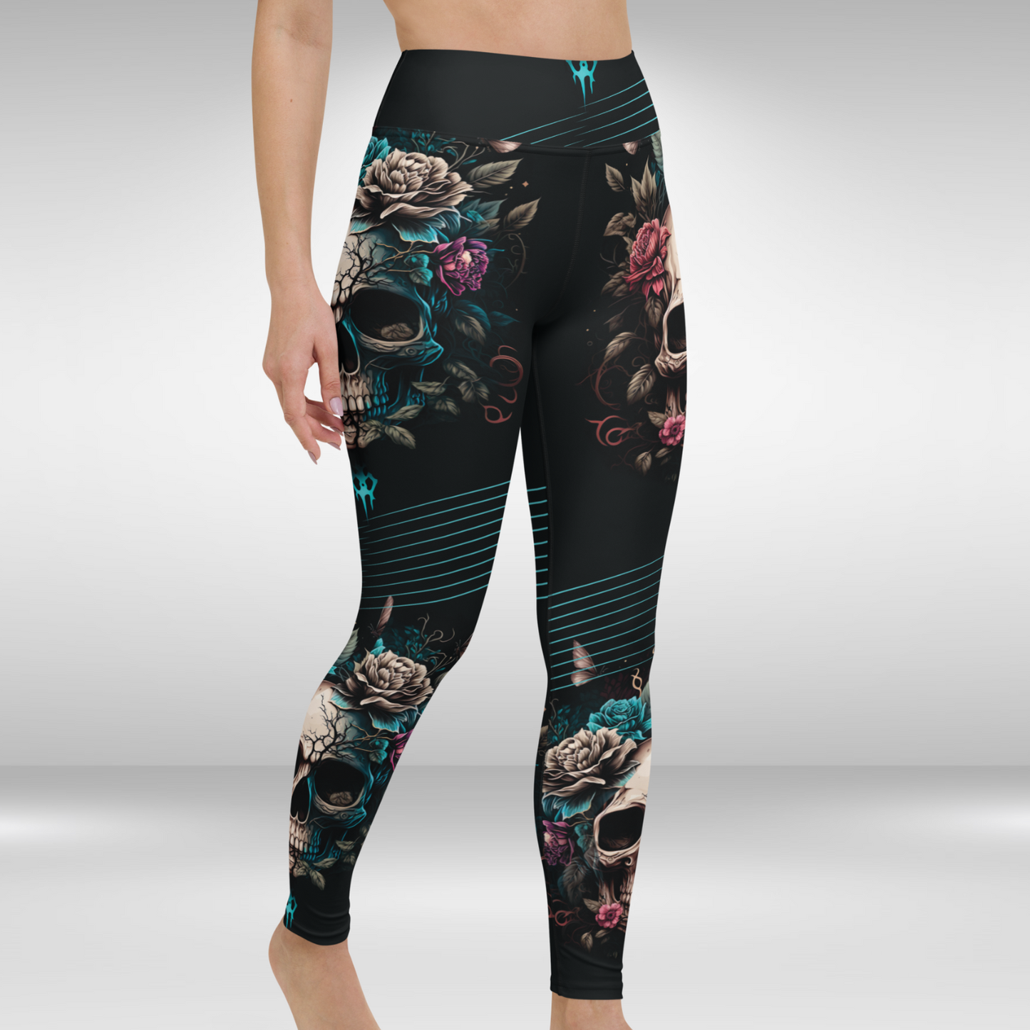 Women Yoga Legging - Night Floral Skull Print