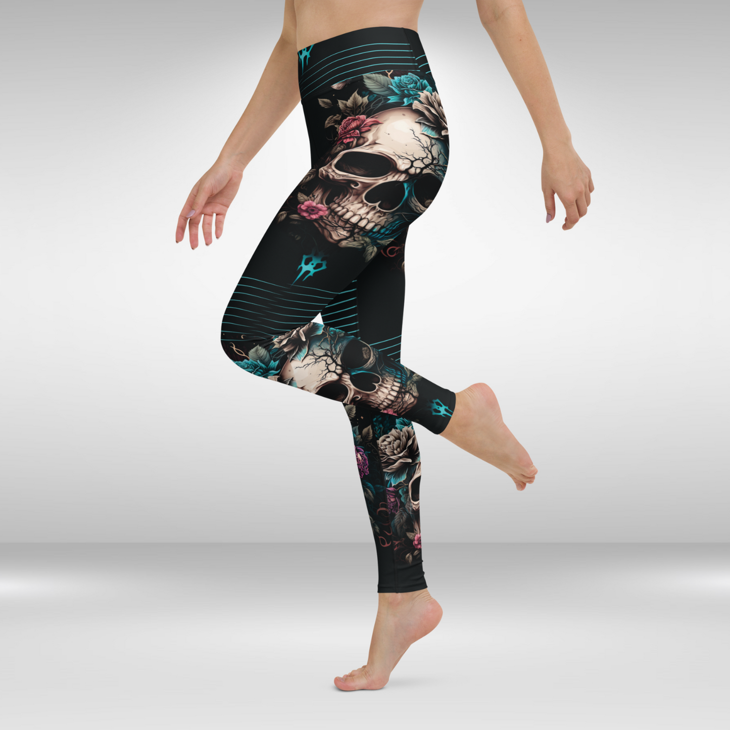 Women Yoga Legging - Night Floral Skull Print