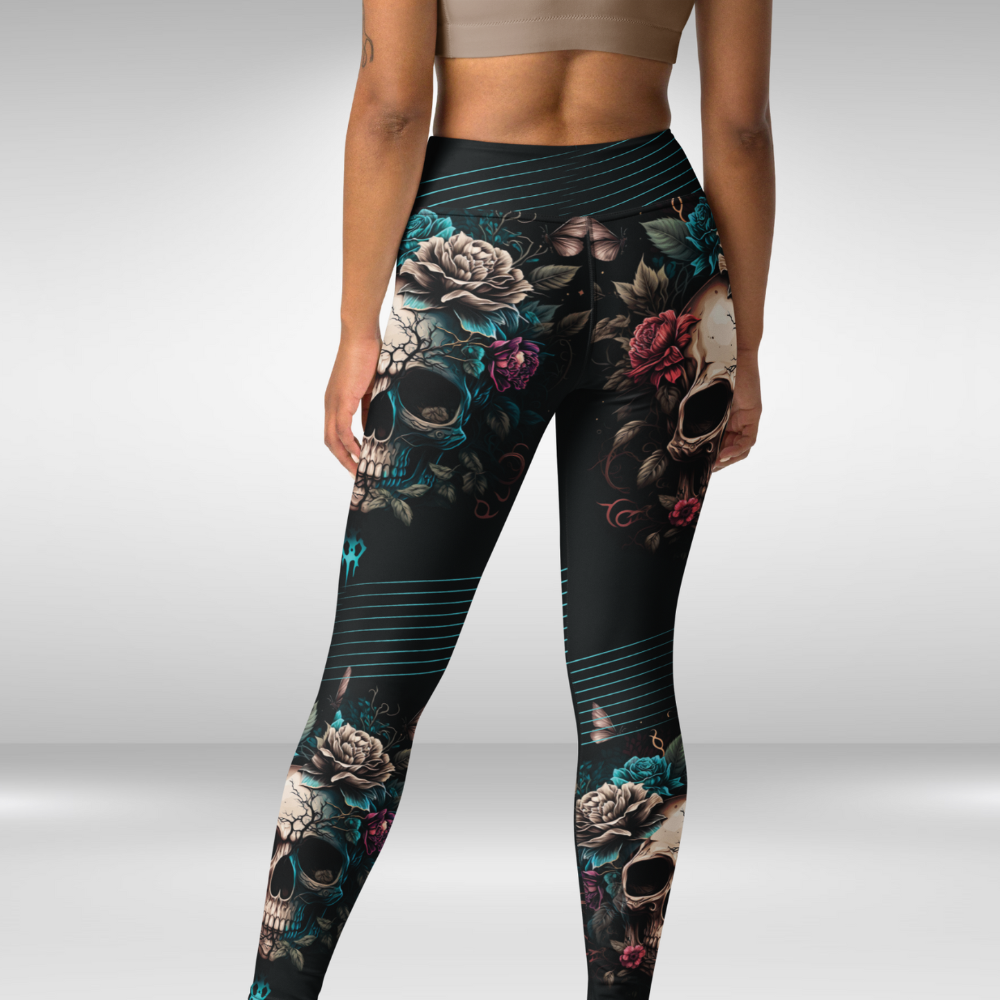 Women Yoga Legging - Night Floral Skull Print