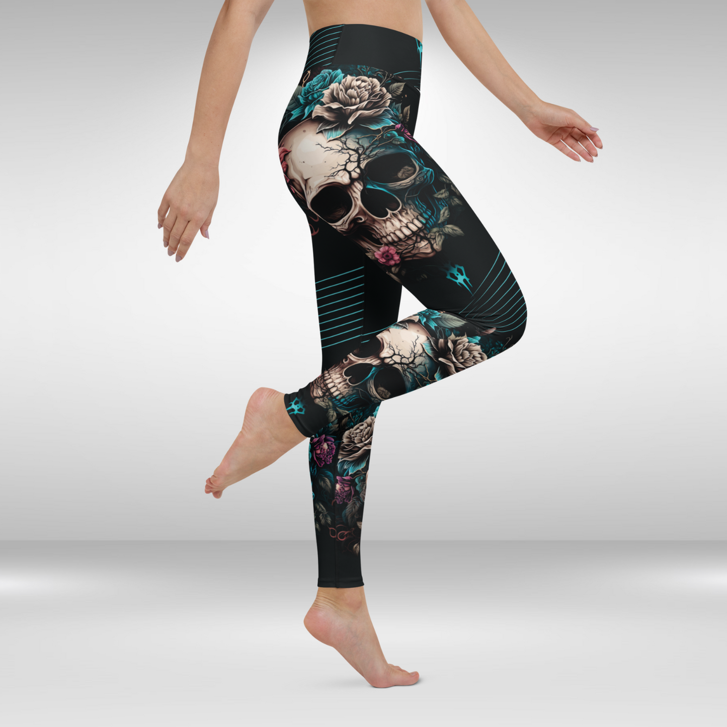 Women Yoga Legging - Night Floral Skull Print