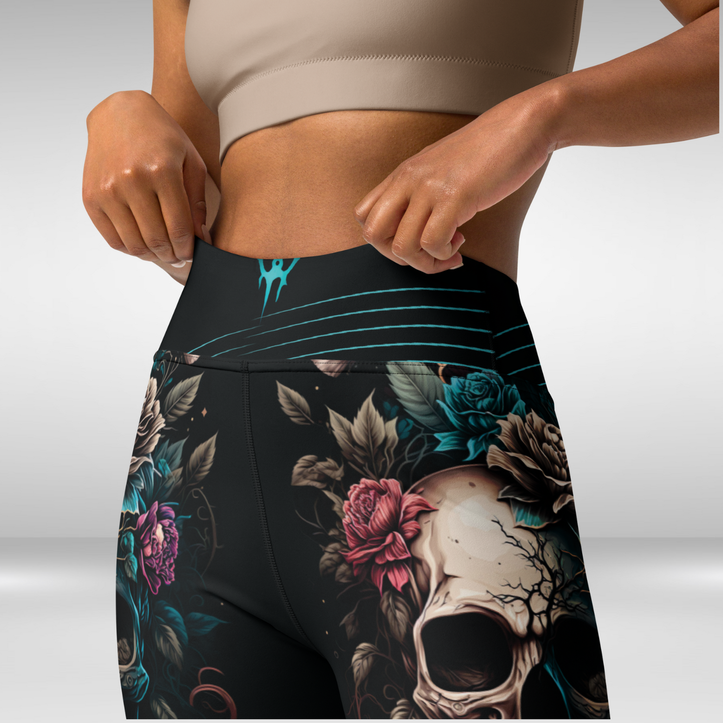 Women Yoga Legging - Night Floral Skull Print