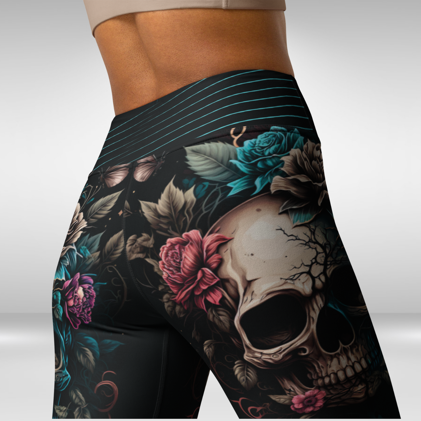 Women Yoga Legging - Night Floral Skull Print