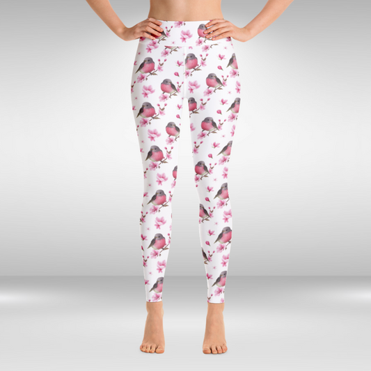 Women Yoga Legging - White and Pink Bird Print