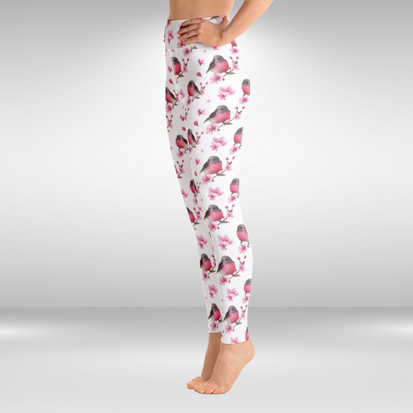 Women Yoga Legging - White and Pink Bird Print