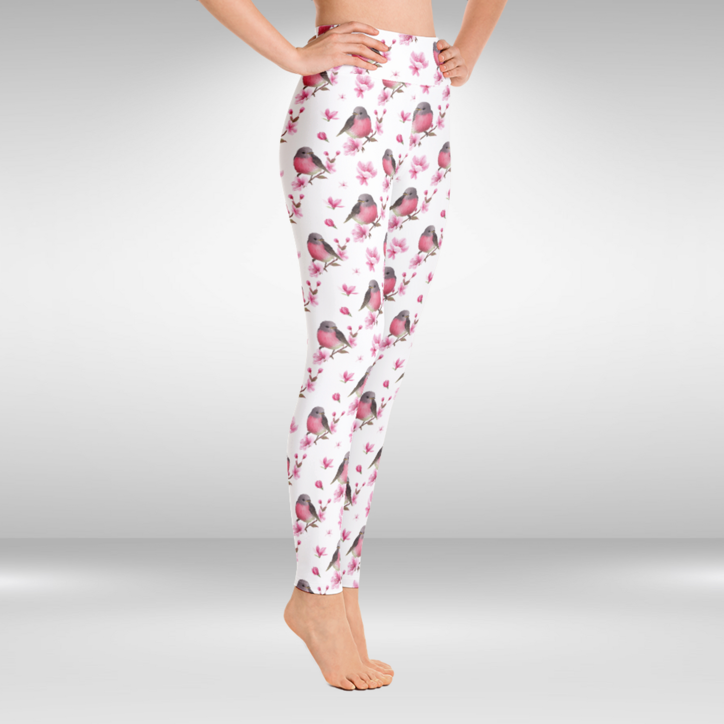 Women Yoga Legging - White and Pink Bird Print