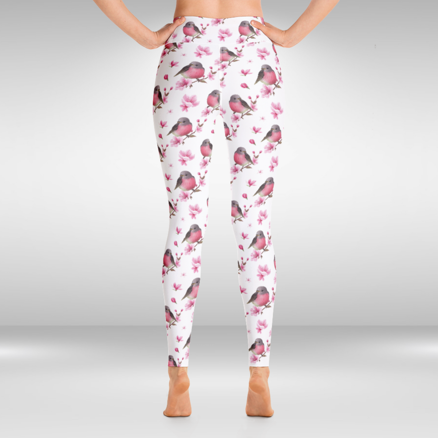 Women Yoga Legging - White and Pink Bird Print