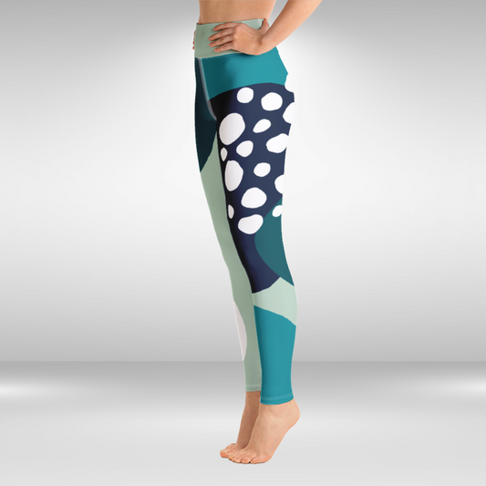 Women Yoga Legging - Blue and White Spots Abstract Print