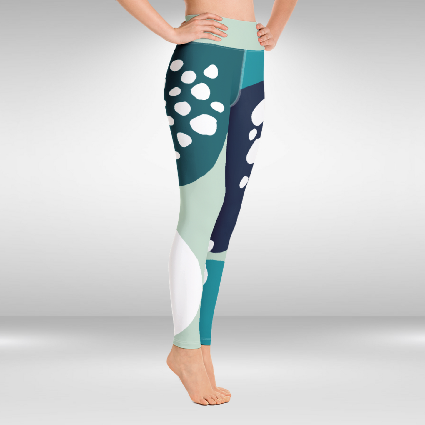Women Yoga Legging - Blue and White Spots Abstract Print